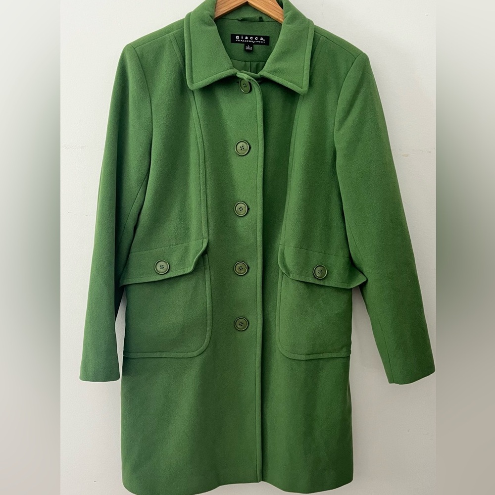 Giacca Emerald Green Wool Coat L 80% Wool Tailored Mid Length size large